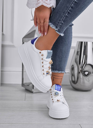LIANA - White and blue sneakers with thick sole and jeweled ladybugs