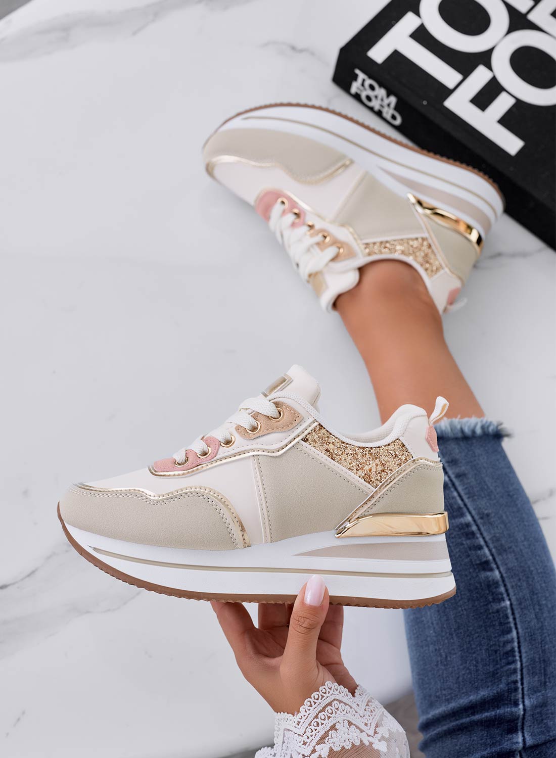 LIARS - Beige sneakers with gold glitter and wedge heel