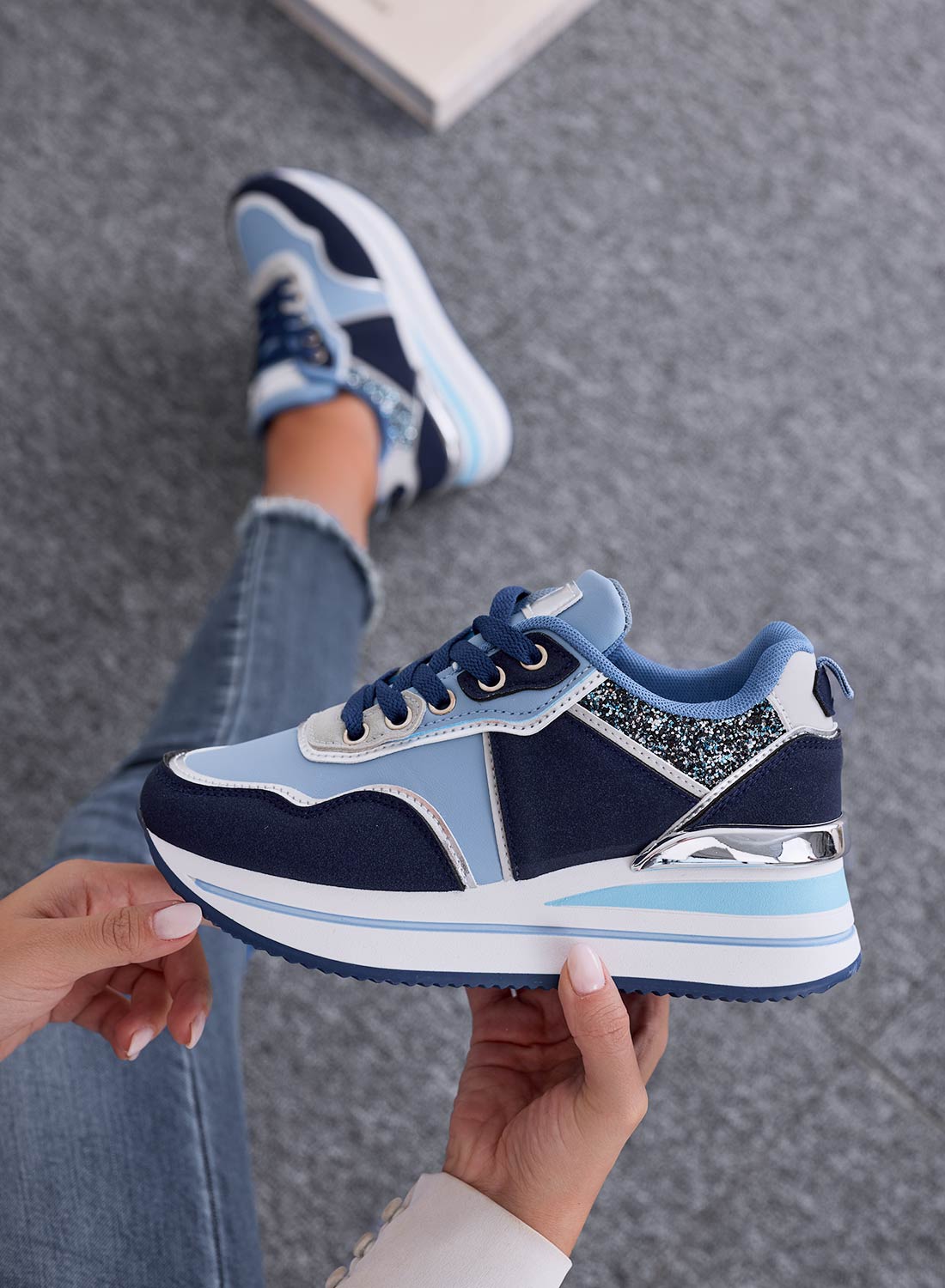 LIARS - Blue sneakers with glitter and wedge