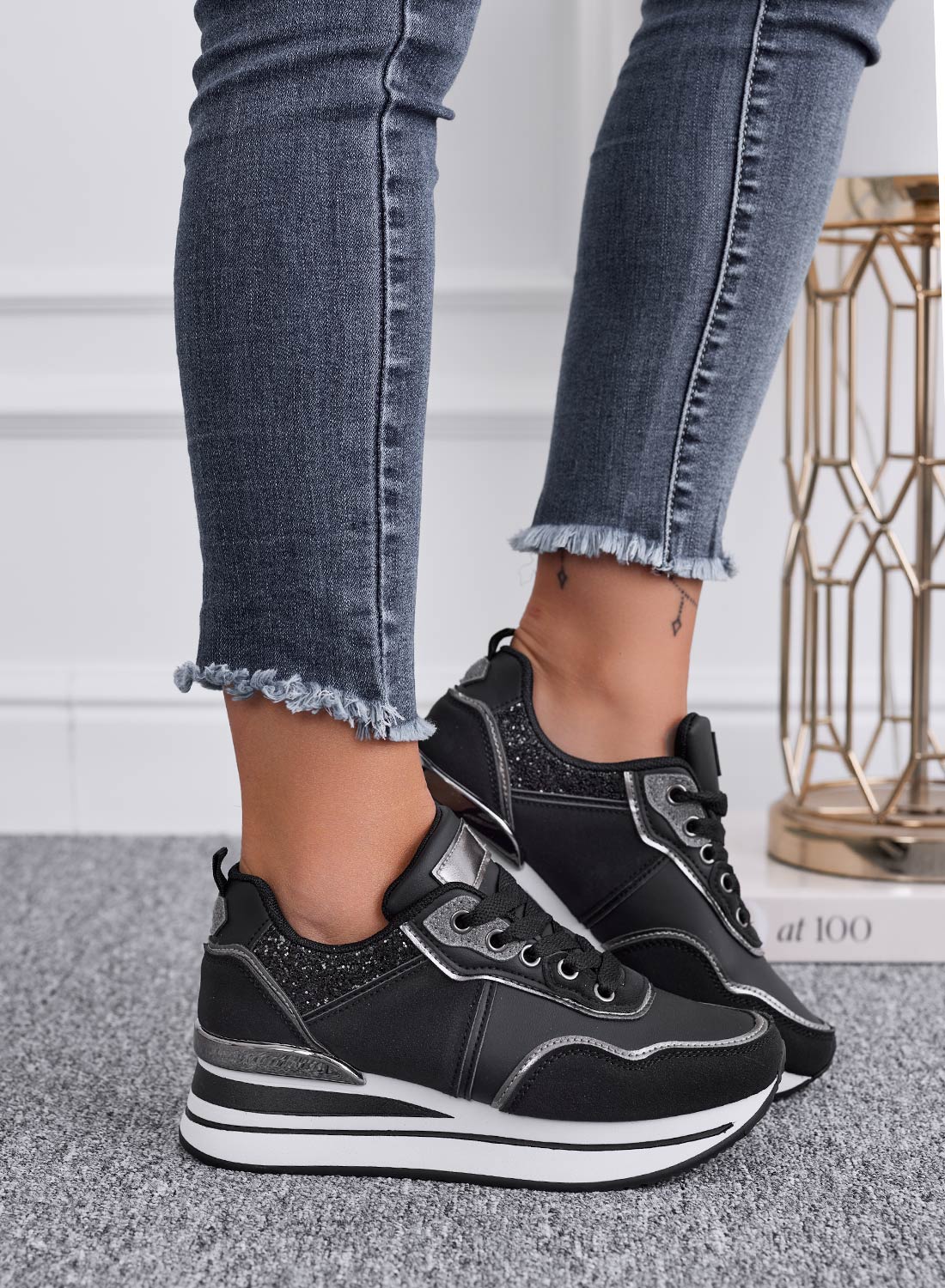 LIARS - Black sneakers with glitter and wedge