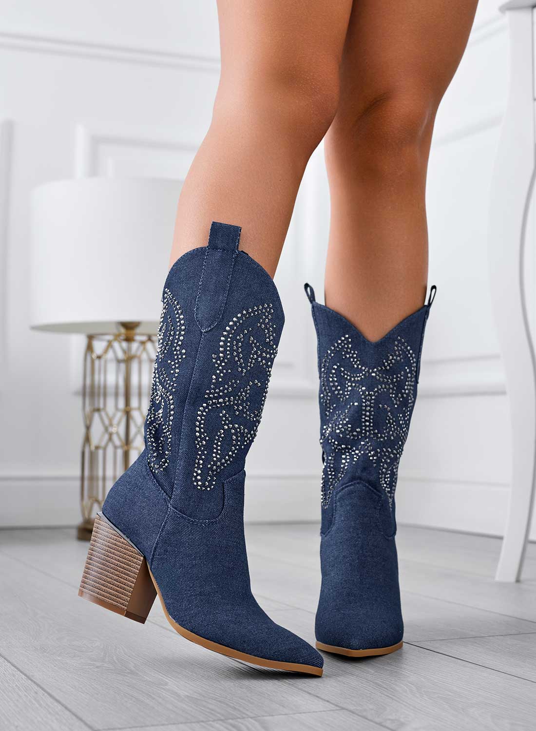 Blue jeans camperos boots with rhinestones