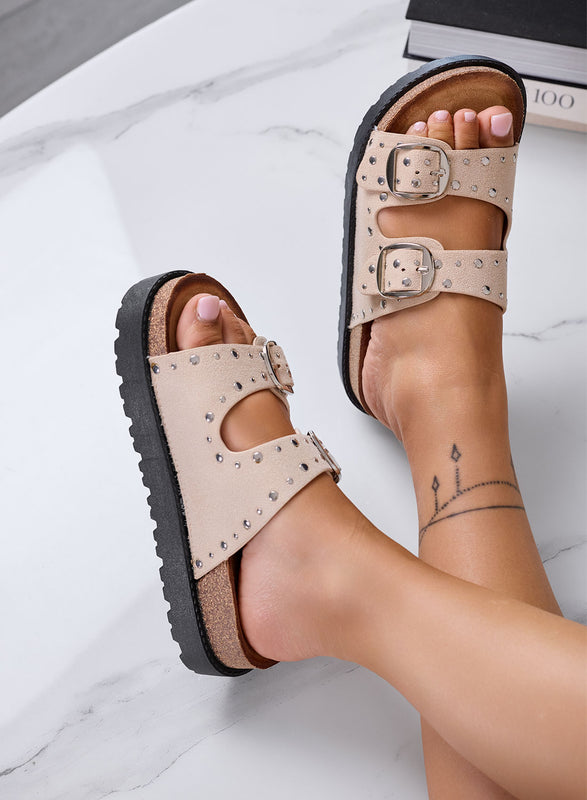 LILIANA - Ciabatte beige anatomiche con Doppia Fibbia e borchie