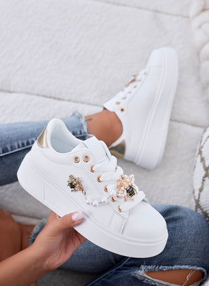 LILIANA - White sneakers with gold heel and jeweled bee embellishment