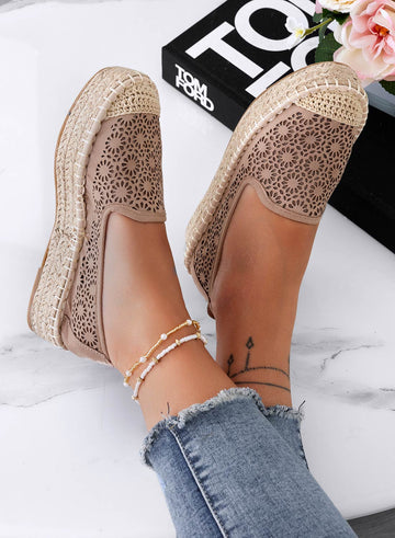 Embroidered mud-colored espadrilles with wedge heel