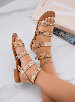 LILY - Low gold sandals with python effect, studs, and buckles