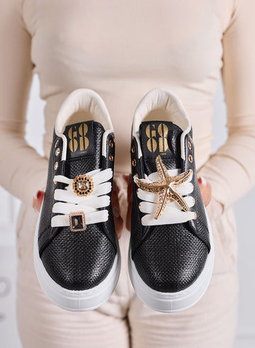 LINDA - Baskets noires avec ornements bijoux dorés et semelle plateforme