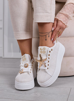 LINDA - Sneakers bianche con Applicazioni Gioiello oro e Suola Platform