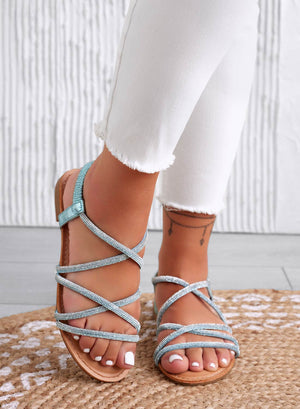 LISA - Light blue flat jeweled sandals with rhinestone straps