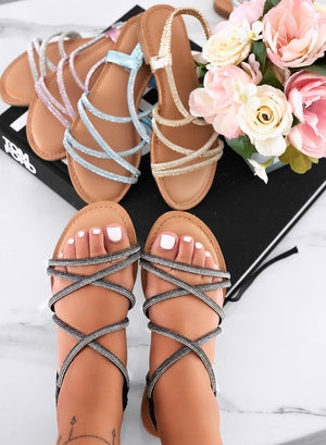 LISA - Black flat jeweled sandals with rhinestone straps