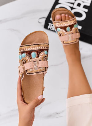 LIVIA - Pink jeweled sandals slippers with rhinestones and golden buckle
