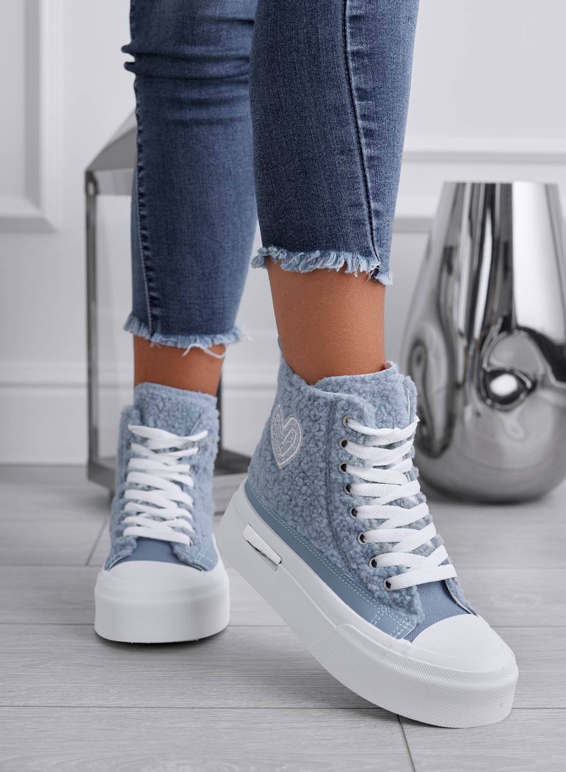 High blue faux fur sneakers with silver heart