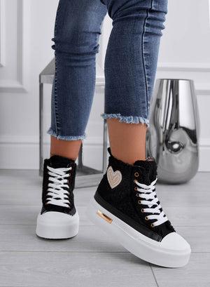 Black high-top sneakers in faux fur with gold heart