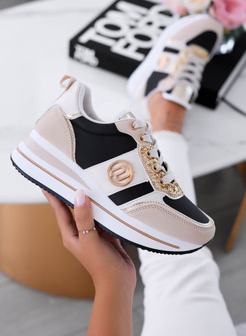 LOPEZ - Beige sneakers with contrasting black panels and gold glitter
