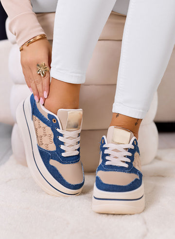LOREDANA - Sneakers blu jeans con dettagli beige e maxi suola platform