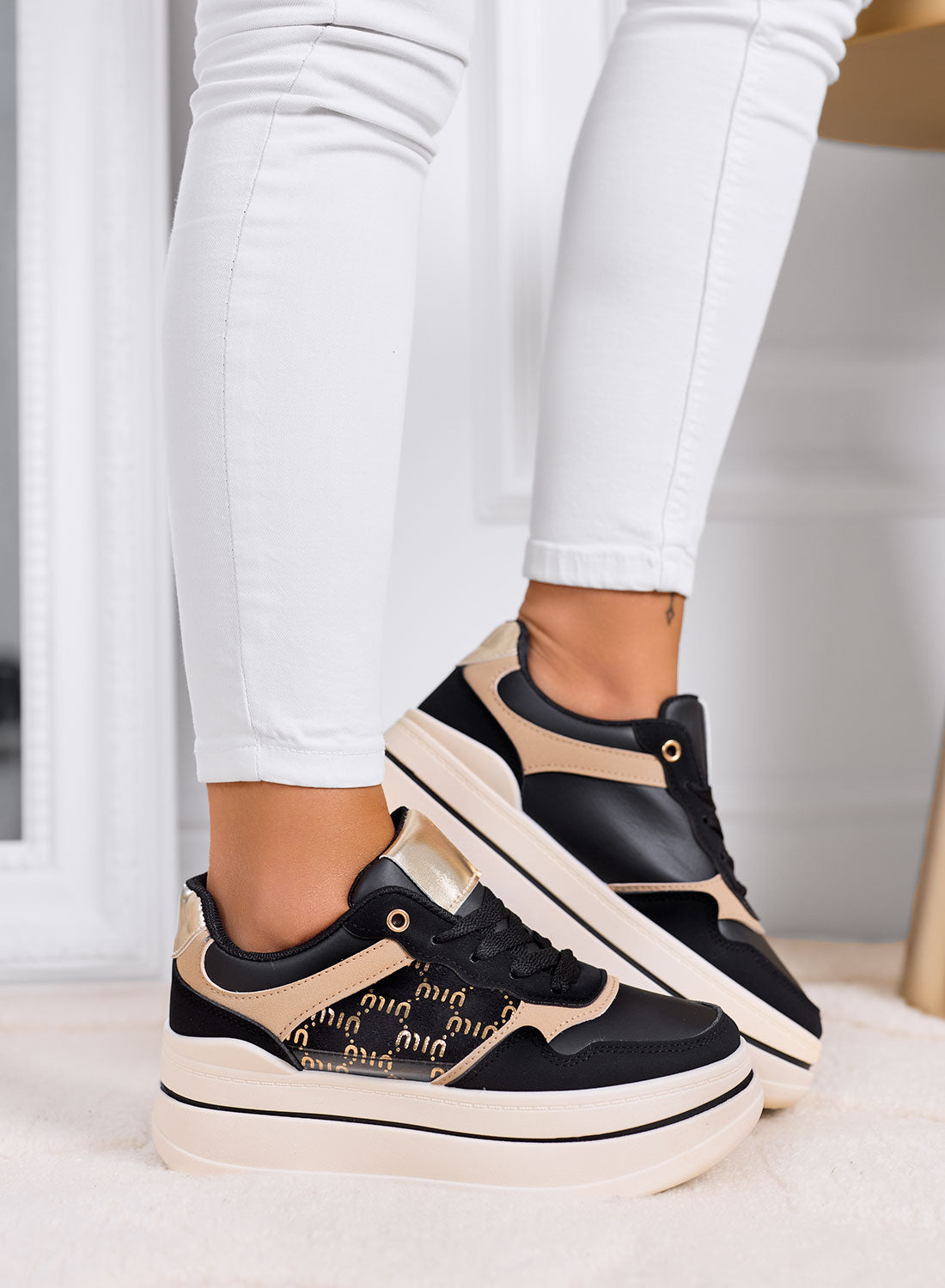 LOREDANA - Black sneakers with gold details and chunky platform sole