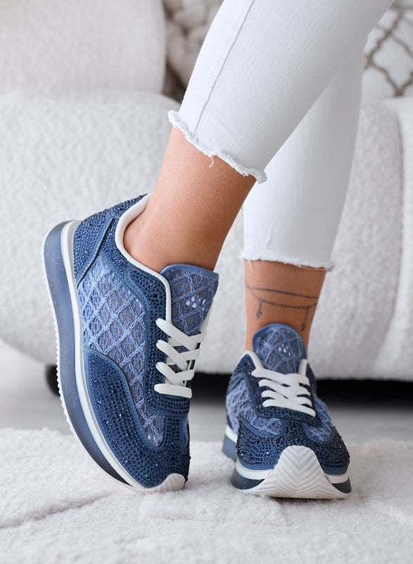 LORENA - Sneakers Blu con Pizzo e Strass Luminosi
