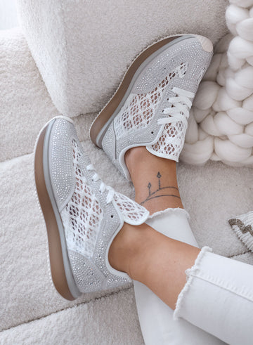 LORENA - Gray sneakers with white lace and sparkling rhinestones