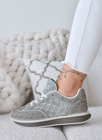 LORENA - Green Sneakers with Lace and Shiny Rhinestones
