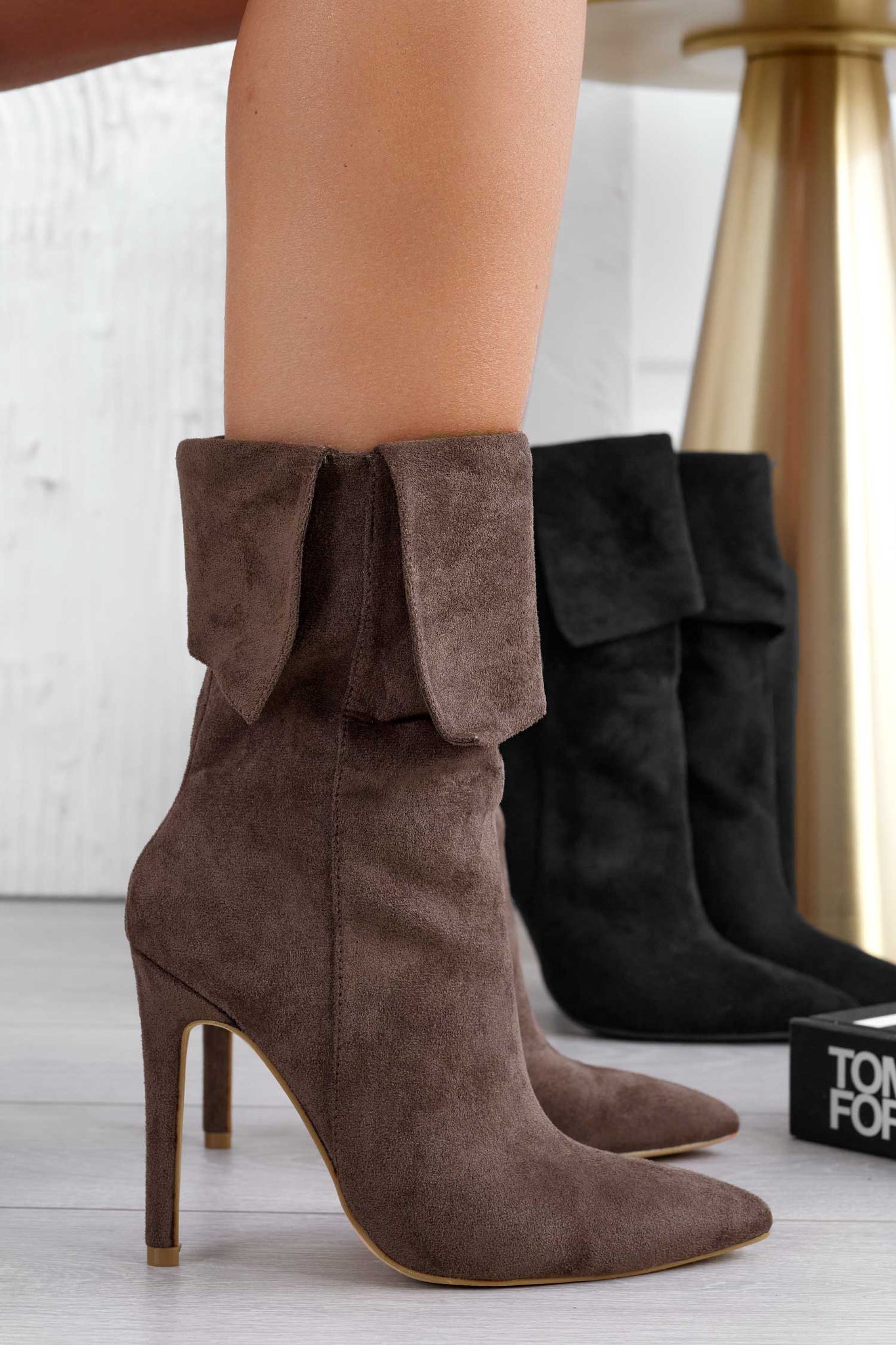 Brown ankle boots with cuff and high stiletto heel