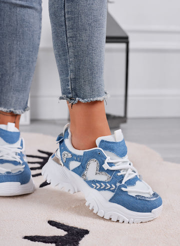 LORY - Women's white sporty sneakers with heart and blue denim inserts