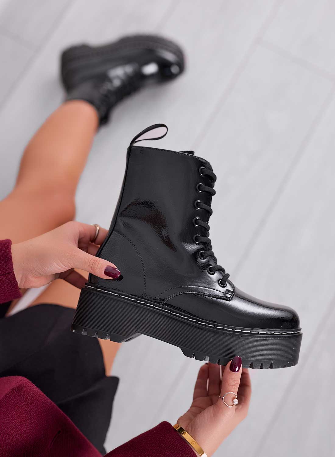 LUANA - Black patent leather combat ankle boots with laces