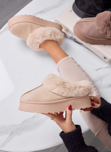 LUANDA - Beige slippers in ultra-soft faux fur with non-slip sole