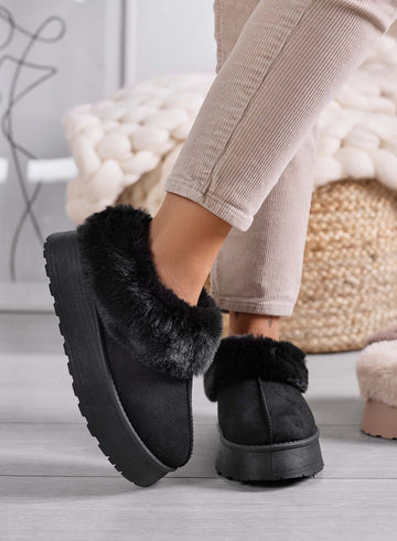 LUANDA - Black slippers in ultra-soft faux fur with non-slip sole