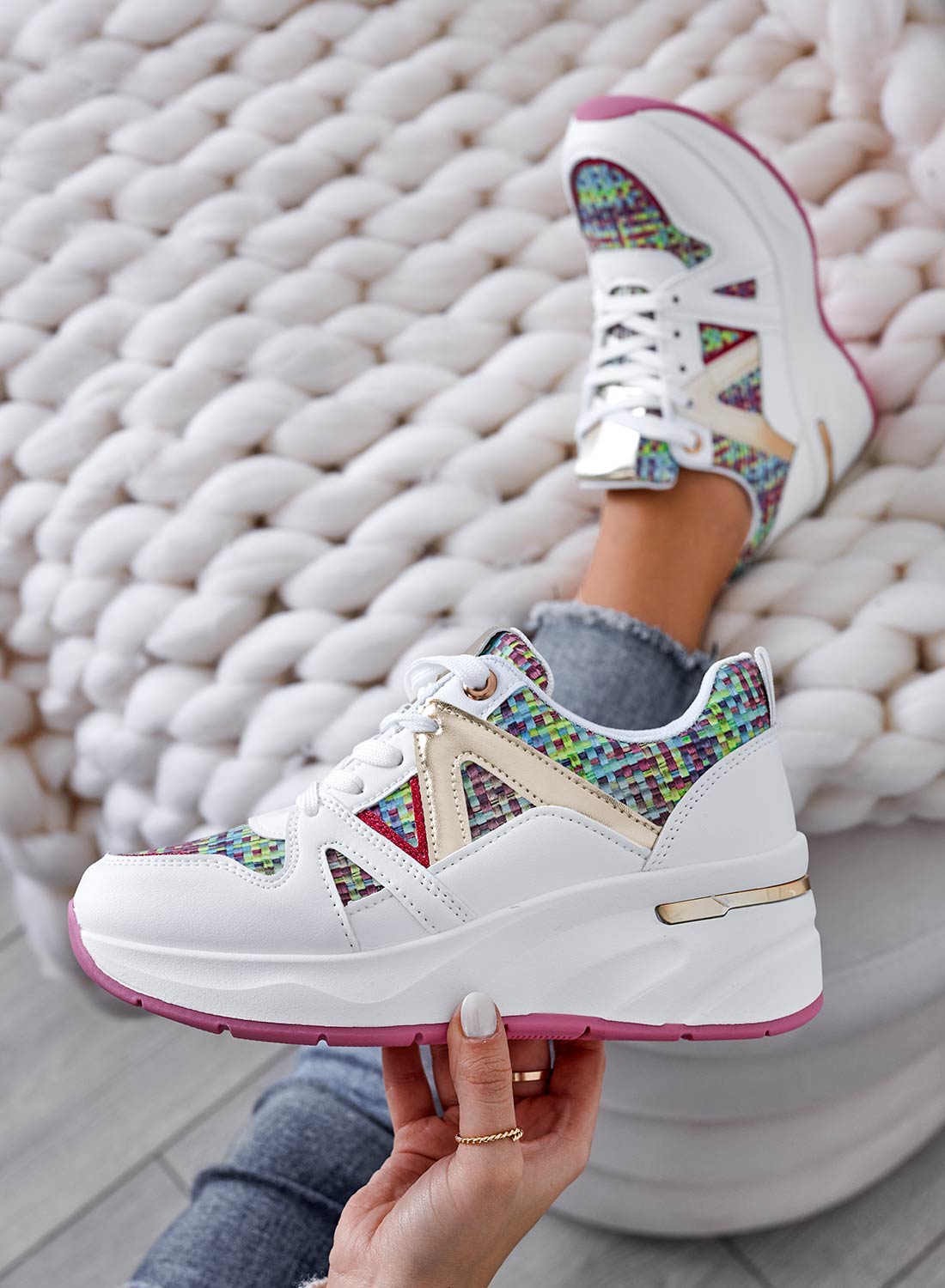 LUCE - White sneakers with multicolor fabric inserts