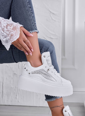 LUCILLA - White sneakers with wedge heel and silver laminated inserts