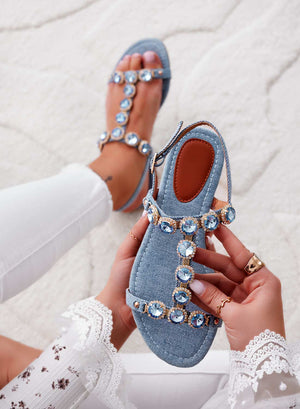 Low blue denim jeweled sandals with stones
