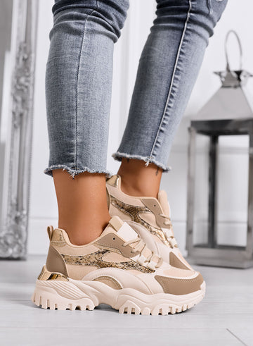 LUCINDA - Sneakers chunky beige con dettagli animalier e suola alta