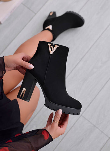 LUCREZIA - Black ankle boots with gold V jewel embellishment