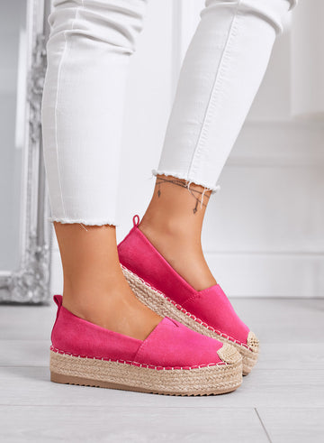 MAGDA - Fuchsia platform espadrilles with crochet toe and rope sole