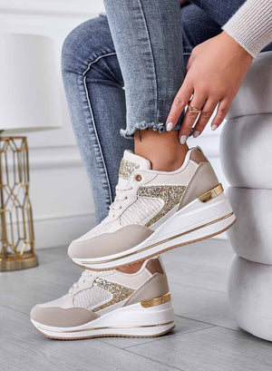 Beige sneakers with gold glitter inserts
