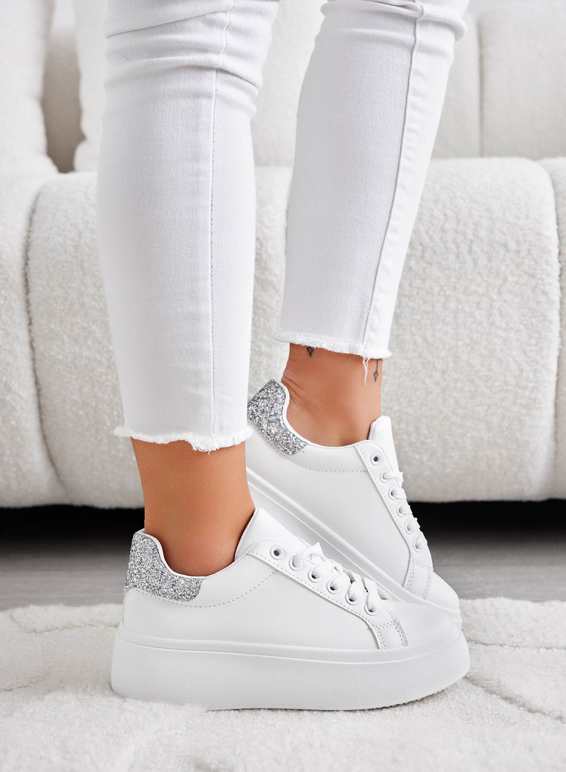 MALVIN - White sneakers with silver glitter heel