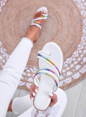 MANDY - Flat white thong sandals with multicolor jeweled straps