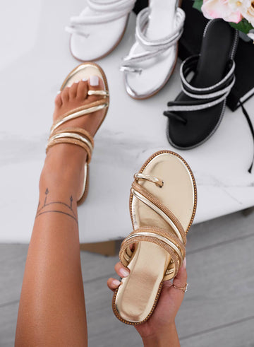 MANDY - Low gold thong sandals with jeweled straps