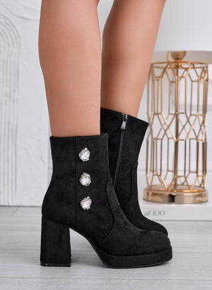 Black ankle boots with silver jewel buttons