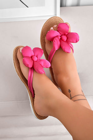 Fuchsia flat flip-flop sandals with applied flower