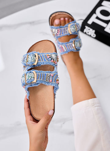 MARGOT - Sandali Ciabatte gioiello azzurre con doppia fibbia e tessuto sfrangiato