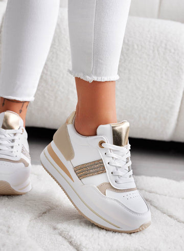 White sneakers with gold inserts and rhinestones