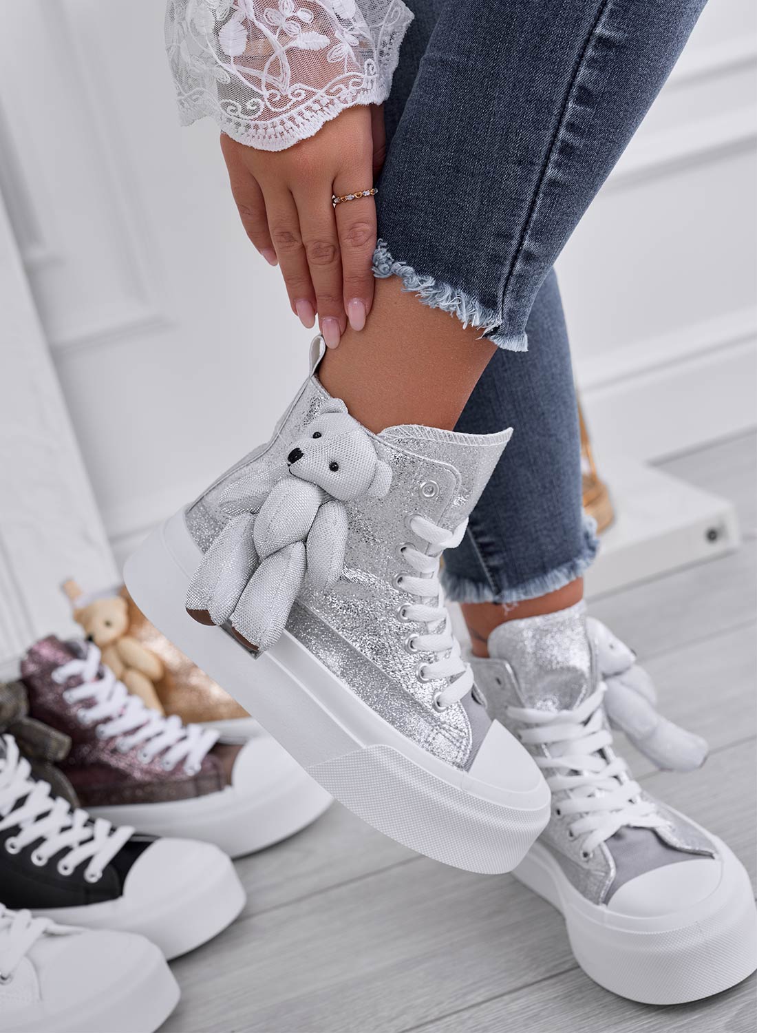 MARICA - Silver laminated sneakers with teddy plush