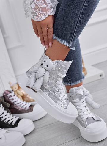 MARICA - Silver laminated sneakers with teddy plush