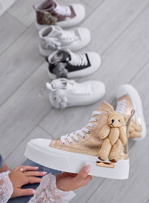 MARICA - Gold laminated sneakers with teddy plush