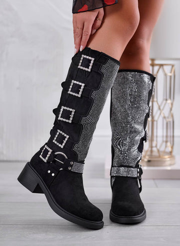 MARIELLA - Black jeweled boots with rhinestone buckles