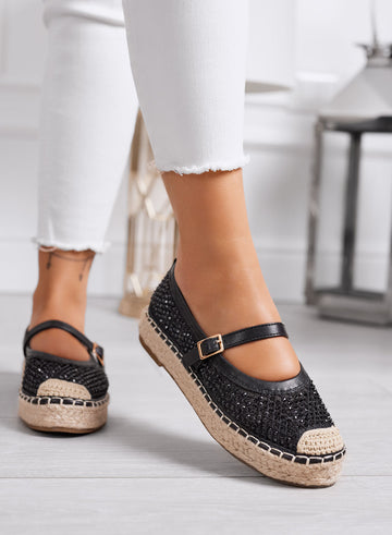 MARIKA - Espadrillas nere con strass e cinturino su suola in corda