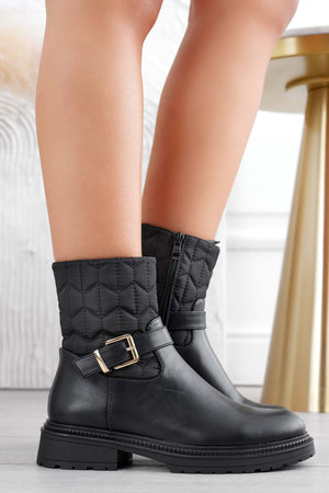 Black fabric ankle boots with gold buckle