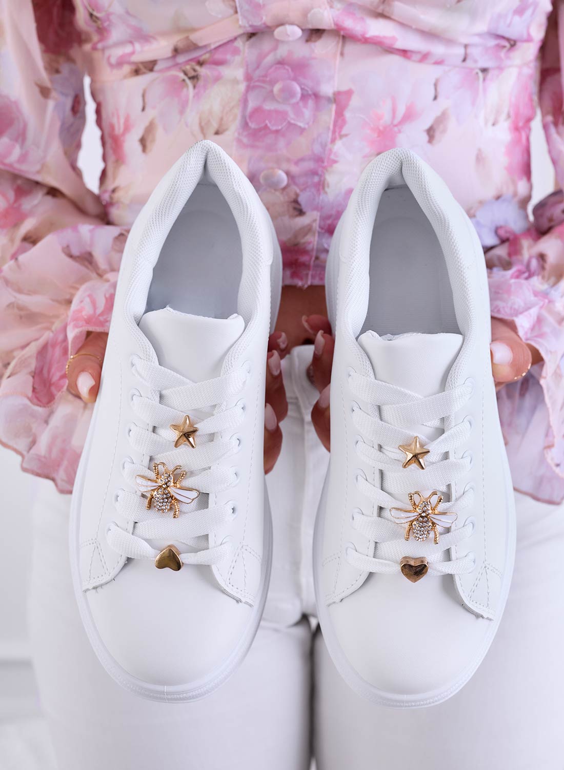 White sneakers with jeweled bee