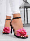 MARK - Sandalias elegantes negras con tacón alto y aplicación de flor fucsia