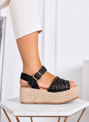 MARSILIA - Black braided platform sandals with rope wedge